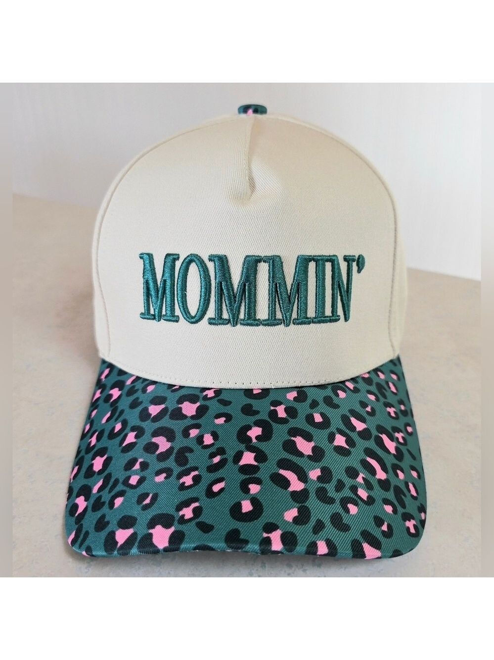 MOMMIN’ Leopard Print Trucker Hat | Teal Pink Cheetah Adjustable Mom Cap - New